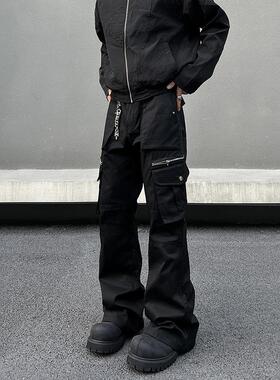 BLAEXIT美式复古直筒微喇黑色工装裤男机能多口袋cleanfit裤子潮