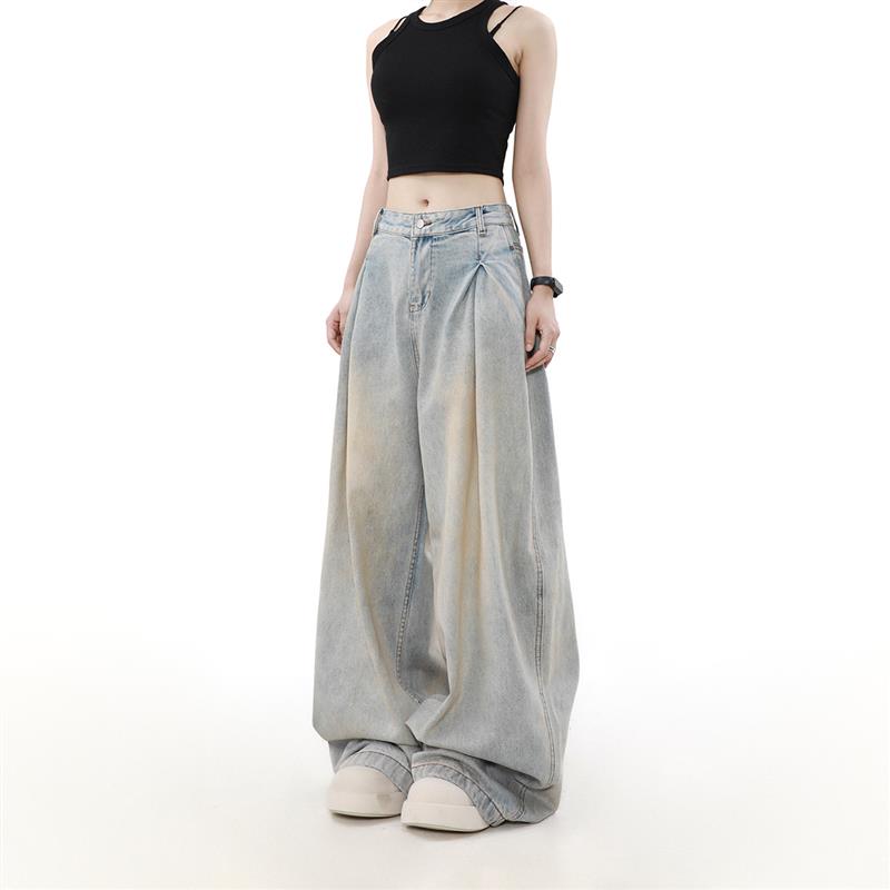 MRNEARLY设计感小众美式褶皱水洗直筒牛仔裤男宽松慵懒风情侣裤子