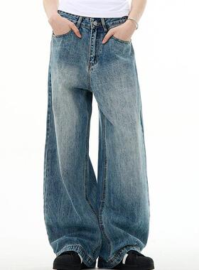 美式cleanfit宽松阔腿复古蓝牛仔裤男女直筒中性休闲美式高街长裤