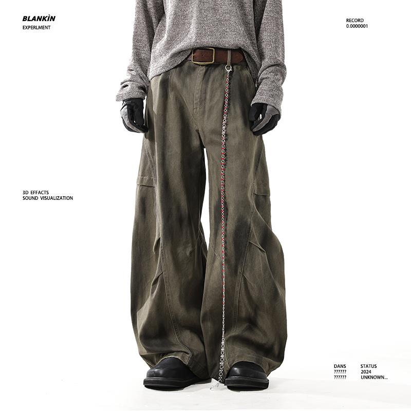 BLANKIN 美式复古vibe水洗做旧弯刀休闲裤子男潮牌宽松阔腿工装裤