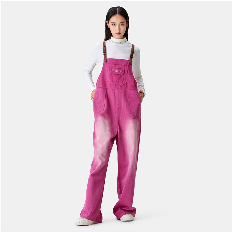 HTCU水洗做旧复古背带裤玫红色多巴胺男女情侣连体裤休闲裤牛仔裤