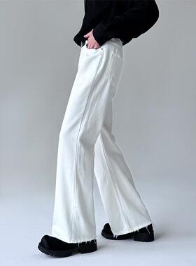 LHHOMME秋季白色微喇牛仔裤男透气磨破自然腰cleanfit显瘦长裤潮