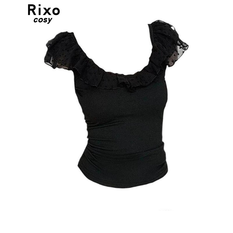 Rixo Cosy荷叶边波点网纱短袖T恤女夏季新款设计感收腰显瘦上衣潮