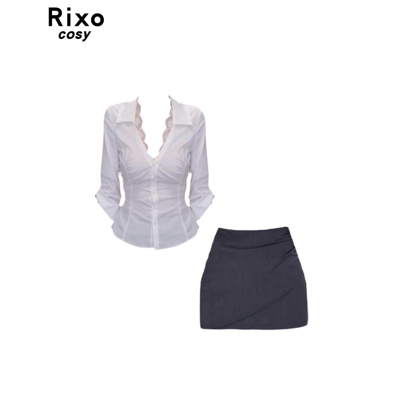 Rixo Cosy韩系蕾丝拼接修身显瘦衬衫女夏高级感气质包臀半裙套装