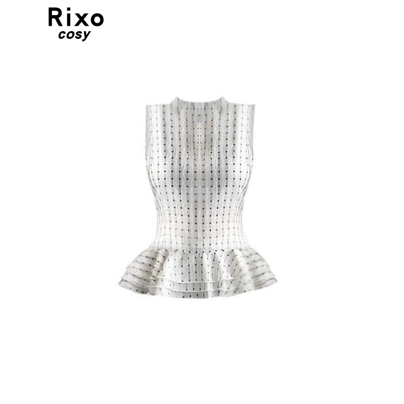 Rixo Cosy气质格子无袖上衣女夏季款拼接花边下摆收腰设计显瘦T恤