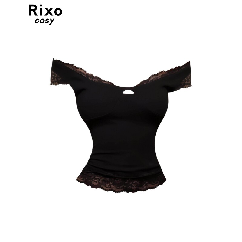 Rixo Cosy纯欲蕾丝花边V领镂空短袖T恤女夏季气质显瘦设计感上衣
