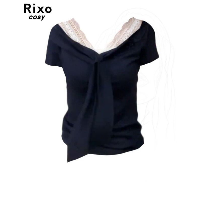 Rixo Cosy蓝白记忆~V领蕾丝拼接蝴蝶结绑带小众设计感正肩短袖T恤