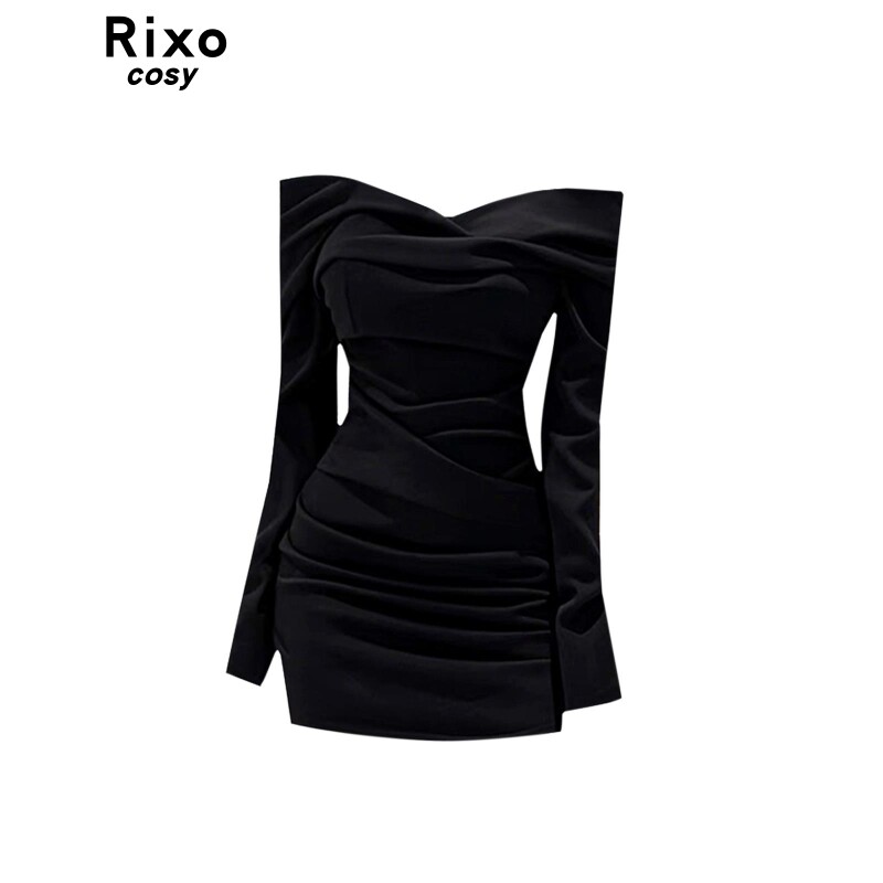 RIXO COSY辣妹风黑色一字肩褶皱洋装女气质显瘦性感包臀短裙