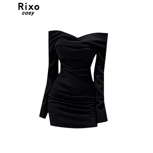 RIXO COSY辣妹风黑色一字肩褶皱洋装女气质显瘦性感包臀短裙