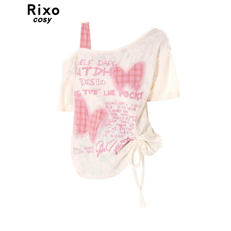 Rixo Cosy正肩短袖破洞斜肩T恤女夏季新款宽松显瘦甜美百搭上衣潮