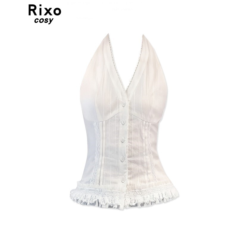 Rixo Cosy 纯欲甜辣妹白色蕾丝挂颈上衣女设计感显瘦百搭无袖小衫