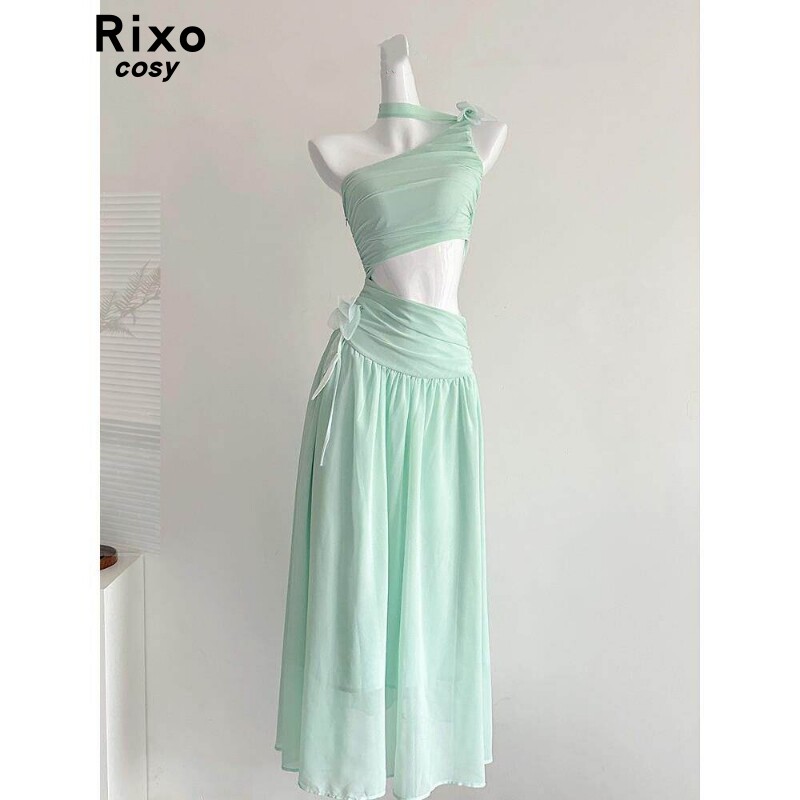 Rixo Cosy薄荷绿色设计感斜肩纯欲网纱收腰长版洋装女2026夏季
