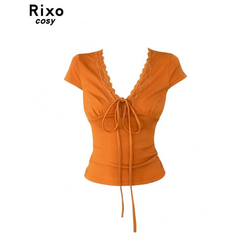 Rixo Cosy韩系V领蕾丝拼接绑带正肩短袖t恤女韩系修身显瘦小上衣