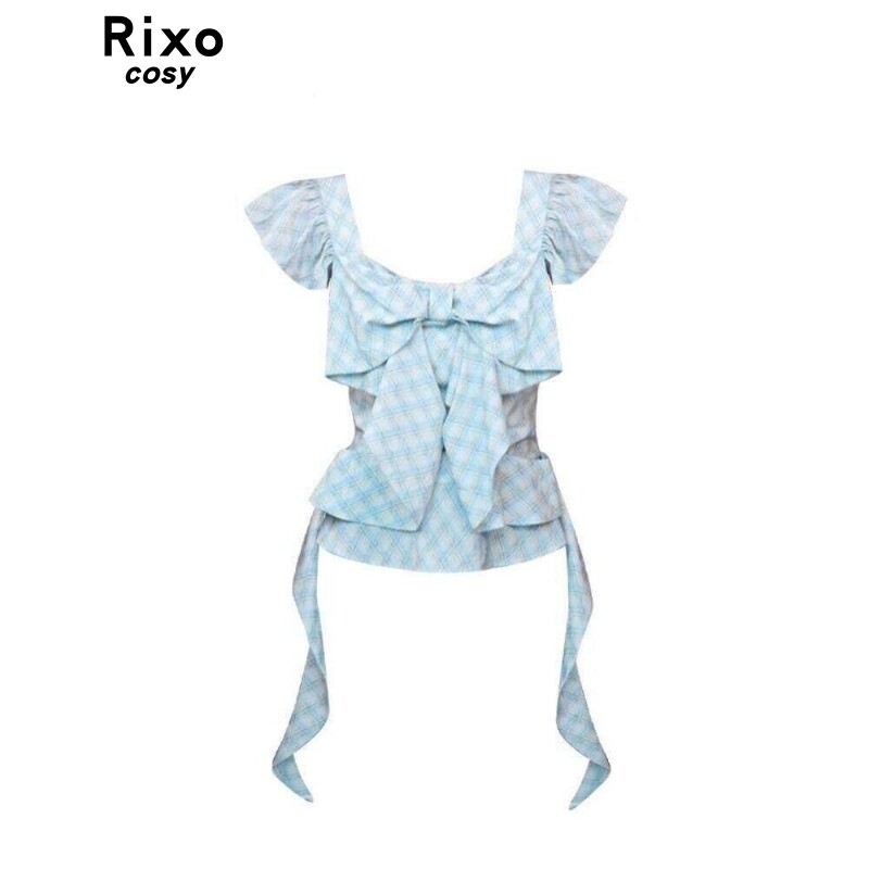 Rixo Cosy法式设计感荷叶袖格子衬衫女夏蝴蝶结飘带显瘦百搭上衣