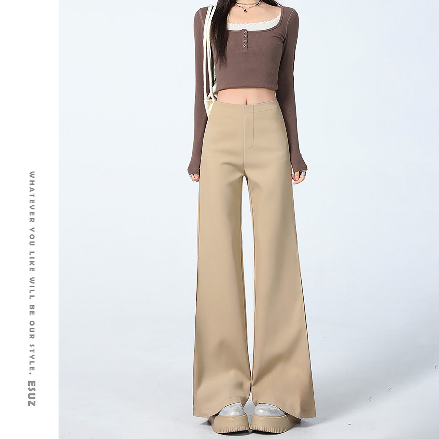 卡其色阔腿裤女2026新款春秋高级感垂感窄版直筒巨好看的西装裤子