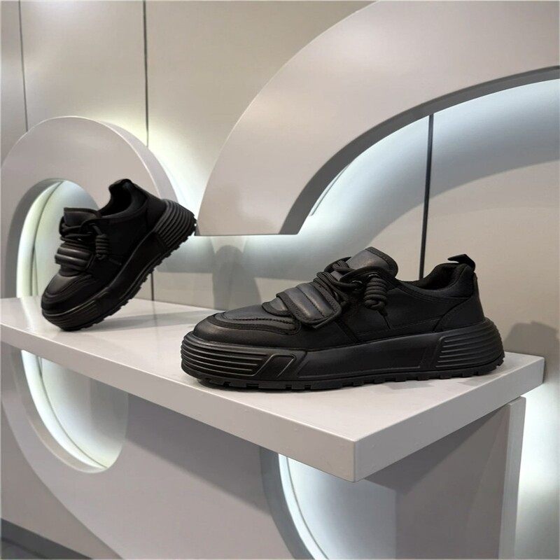 秋冬新款保暖加绒男鞋设计感欧洲站纯色内增高魔术贴青少年休闲鞋