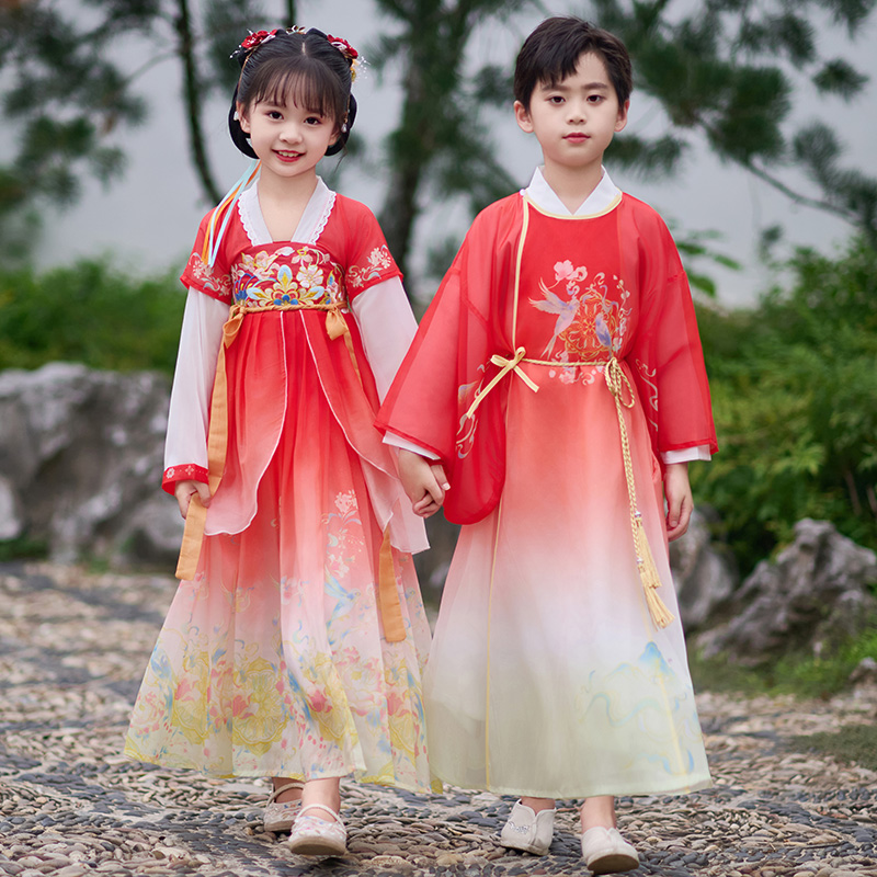 漢服男童2025新款夏季兒童古裝國學演出服古風超仙唐裝女童連衣裙