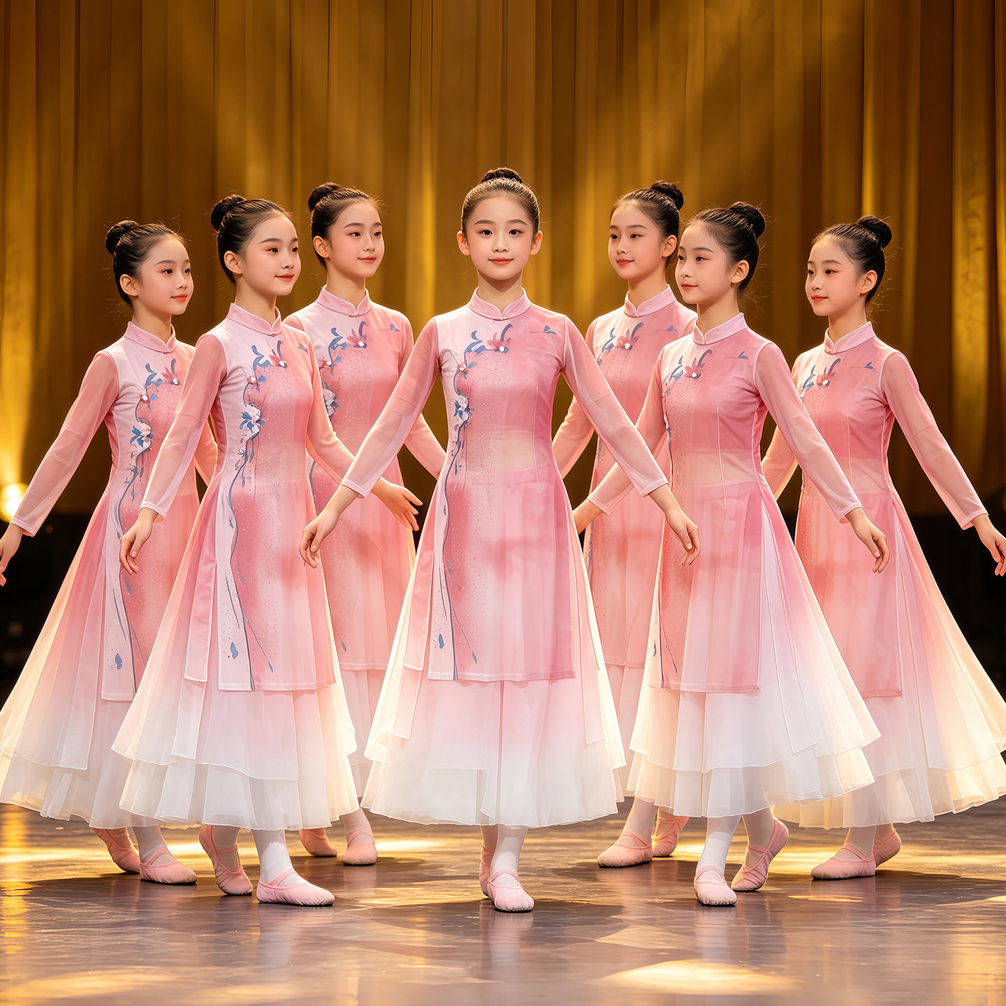 儿童古典舞演出服女渐变身韵纱衣旗袍立领粉色练功服中国舞蹈服装图片