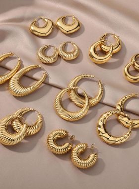 Trendy Round Chunky Hoop Earrings For Women Gold Plated