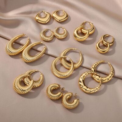 Trendy Round Chunky Hoop Earrings For Women Gold Plated