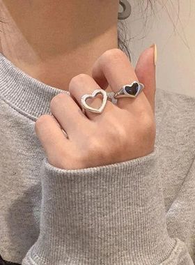 Fashion Heart Rings Set Silver Color Black Alloy Hollow