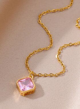 Pink 2024 Square Pendant Stainless Steel Chain Necklace