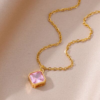 Pink 2024 Square Pendant Stainless Steel Chain Necklace
