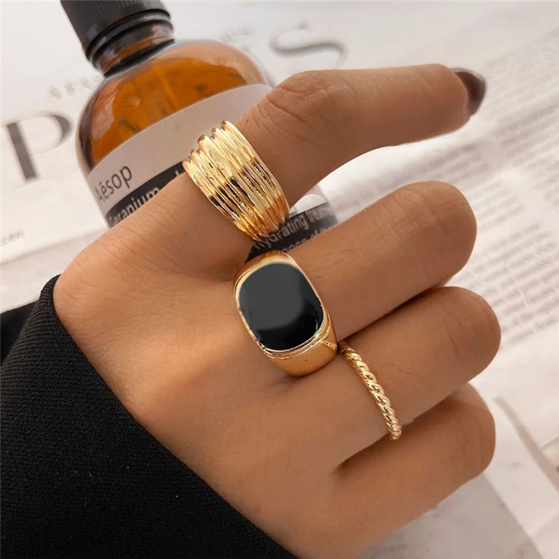 Vintage Punk Metal Gold Color Geometric Ring Set For Women