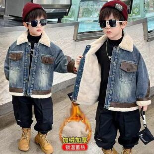 男童加绒牛仔外套冬季2026新款儿童上衣男孩加厚保暖中小童冬装衣