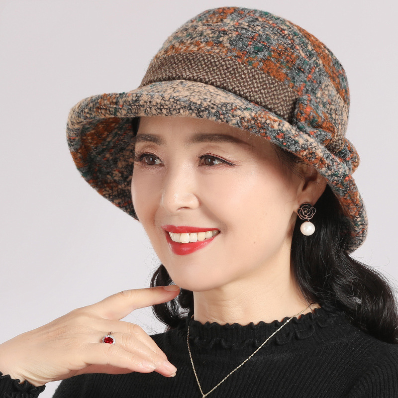 中老年帽子女洋气秋冬款盆帽妈妈帽毛呢女帽保暖防寒渔夫帽防风