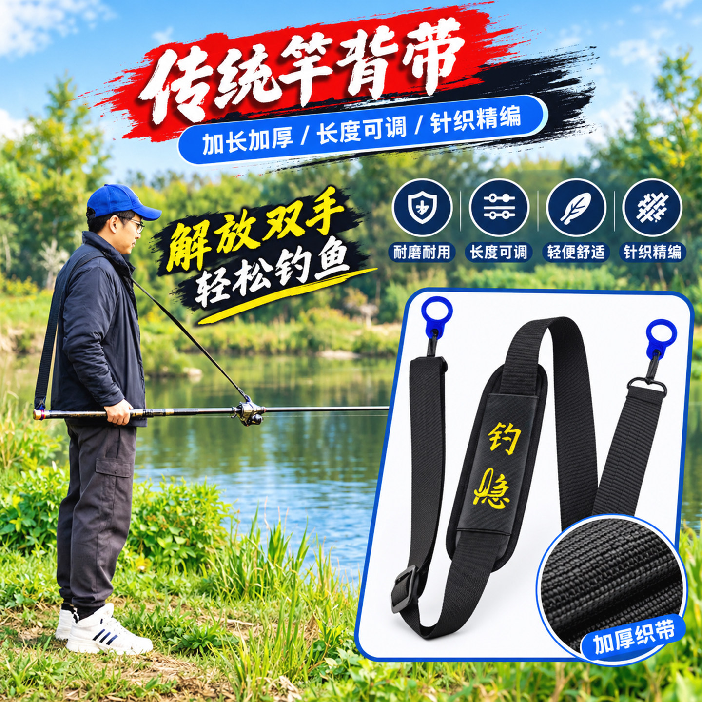 传统竿背带户外钓鱼长杆省力工具加厚长度可调节钓鱼竿辅助肩带