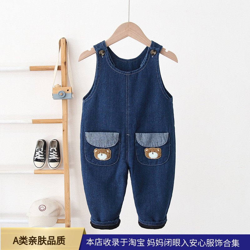 儿童加绒牛仔背带裤秋冬新款男女童休闲宽松连体长裤宝宝0-3童裤