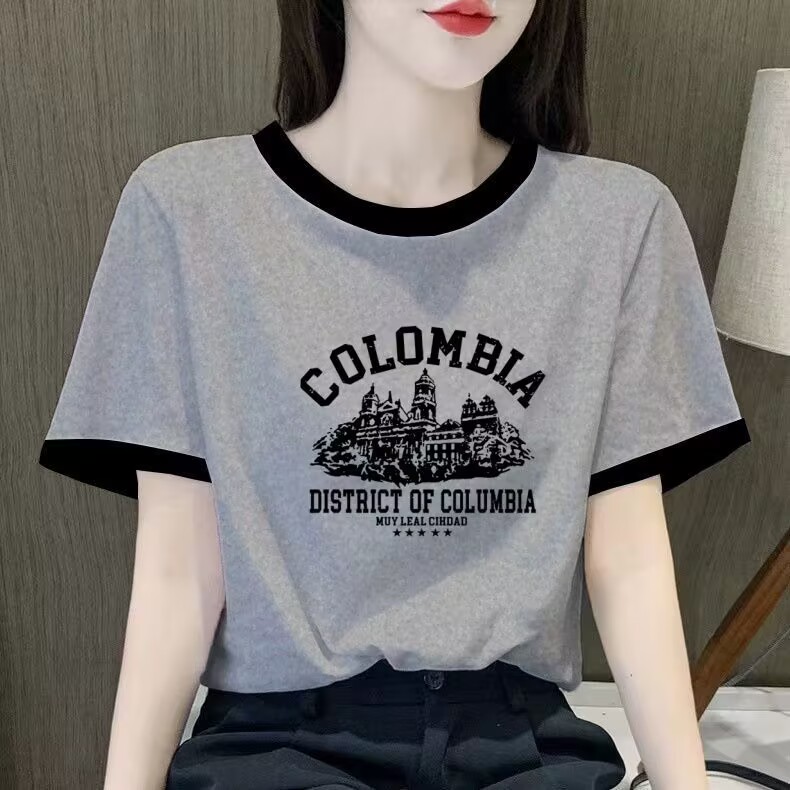 欧货撞色纯棉短袖t恤女夏季新款宽松显瘦正肩拼接字母大码上衣潮