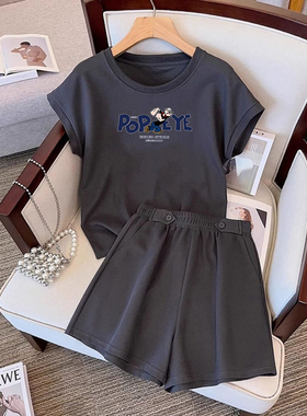 灰色休闲运动服套装女夏季美式复古oversize短袖短裤纯棉两件套