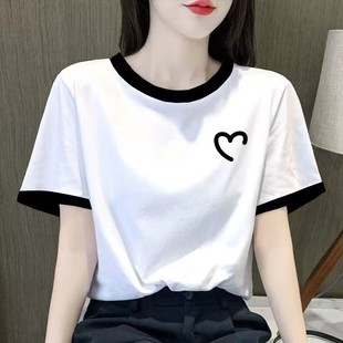 欧货纯棉短袖 拼接白色宽松体恤百搭撞色减龄上衣潮 t恤女夏季 新款