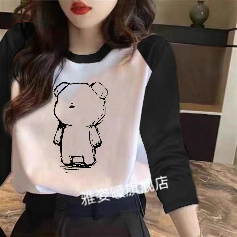 印花长袖t恤女2025秋季新款宽松大码大板宽松纯棉中长款打底上衣