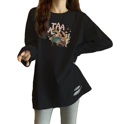 鲨鱼裤搭配的上衣纯棉体恤女遮臀春秋打底衫长款长袖t恤女遮屁股