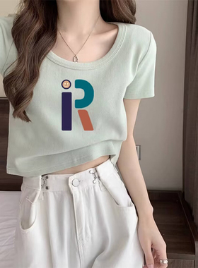 夏季新款纯棉U领短袖T恤女短款内搭低领修身显瘦爆款绿色上衣学生