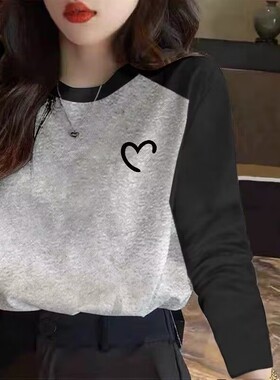 黑灰色2025春秋季新款长袖T恤女内搭打底衫撞色拼接宽松纯棉上衣