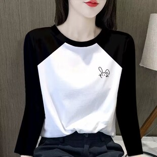 设计感小众纯棉宽松上衣 t恤女春秋新款 美式 插肩撞色拼接印花长袖