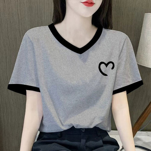 V领拼色正肩纯棉t恤短袖女2026新款小众设计感时尚百搭上衣夏季潮