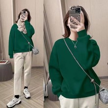 绿色圆领卫衣女加绒加厚2025秋冬新款纯色慵懒风欧货宽松套头上衣