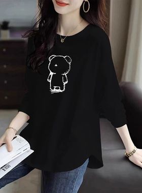 黑色长袖t恤女春秋新款宽松纯棉弧形下摆中长款不规则内搭上衣潮