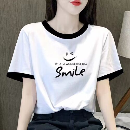 纯棉撞色短袖t恤女夏装新款宽松显瘦正肩大码半袖印花百搭上衣潮