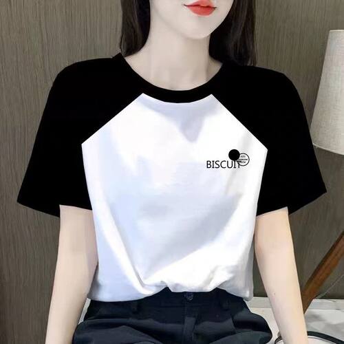 欧货纯棉短袖t恤女夏季新款白色正肩宽松体恤撞色减龄显瘦上衣潮