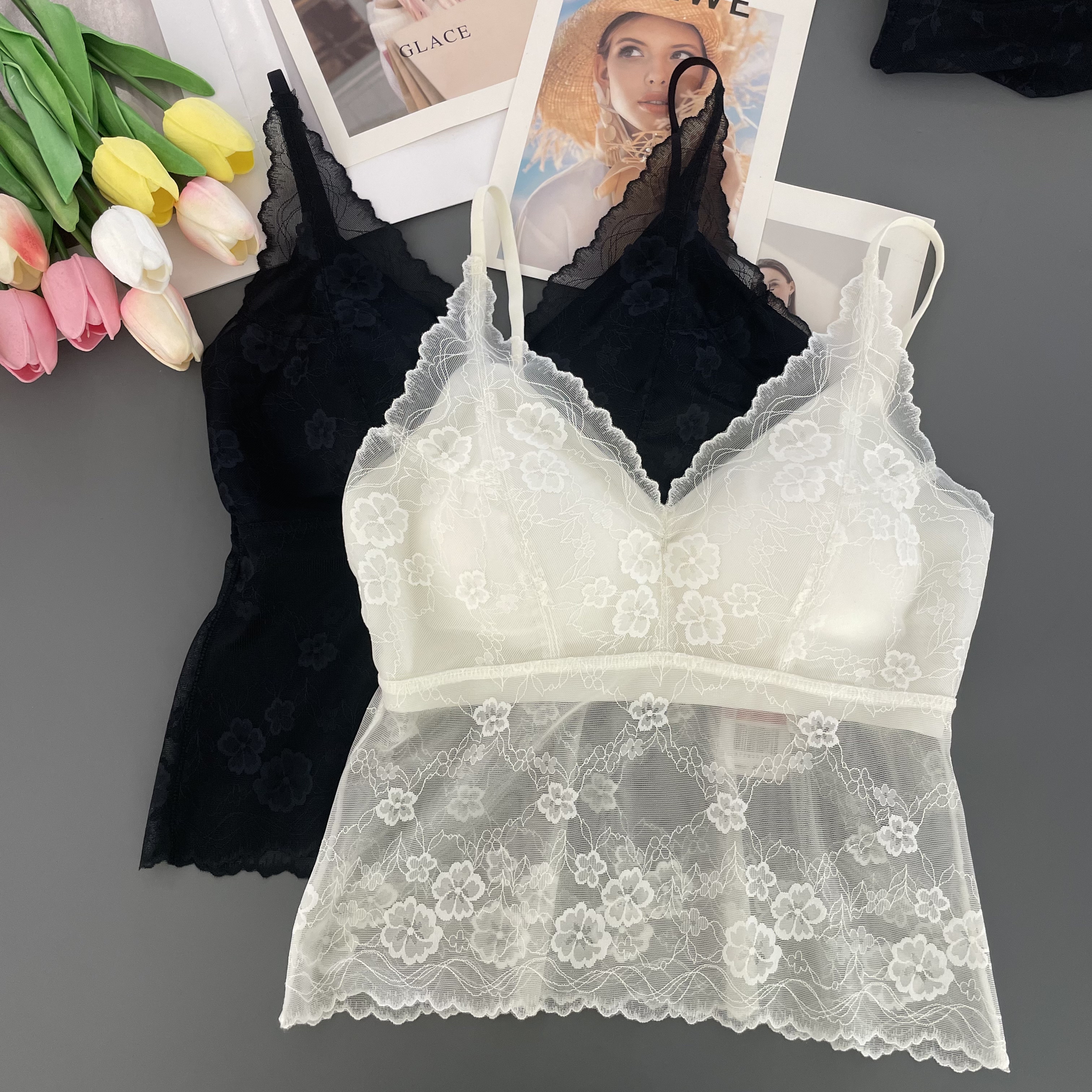 古妃3778性感镂空轻柔花朵蕾丝长款吊带背心女带胸垫内搭抹胸内衣