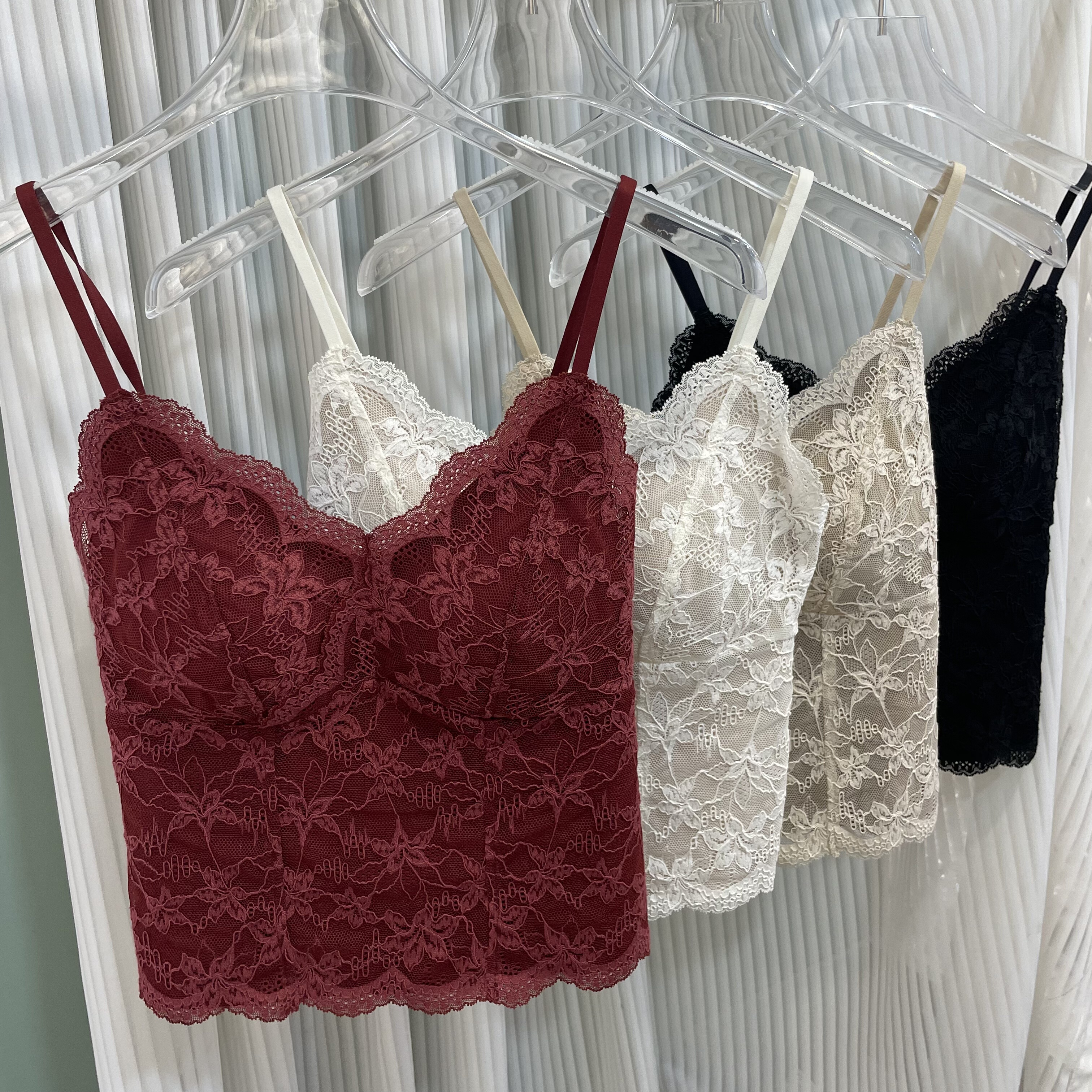 米娅林6099法式蕾丝花边吊带背心女带胸垫一体杯内搭外穿美背上衣