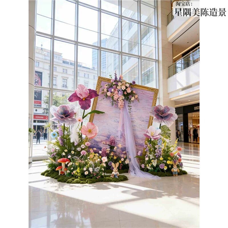 仿真花kt板婚礼布置紫色莫奈花园摆件商业美陈仿真花场景装饰花艺