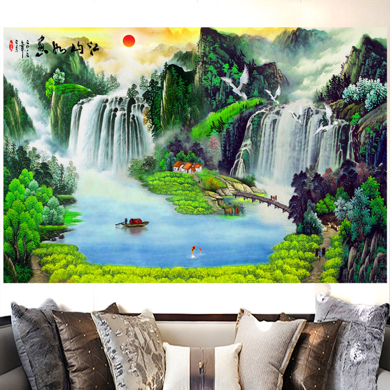 江山如画聚宝盆山水招财画家用背景墙风水自粘贴画流水生财装饰画