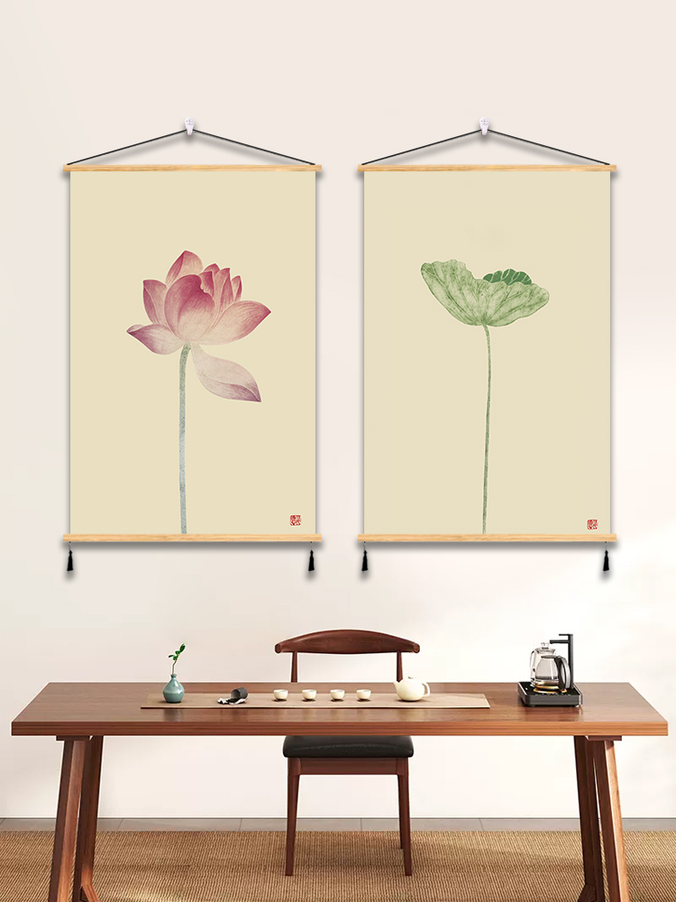 新中式荷花装饰画心经禅意茶室书房玄关挂画中堂背景墙壁画免打孔